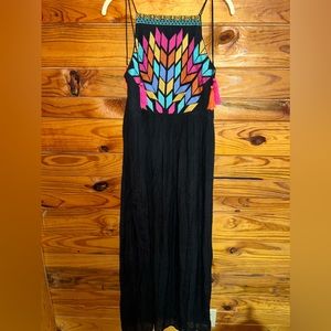 NWT— Beautiful, black maxi dress with multicolored accents on chest area;